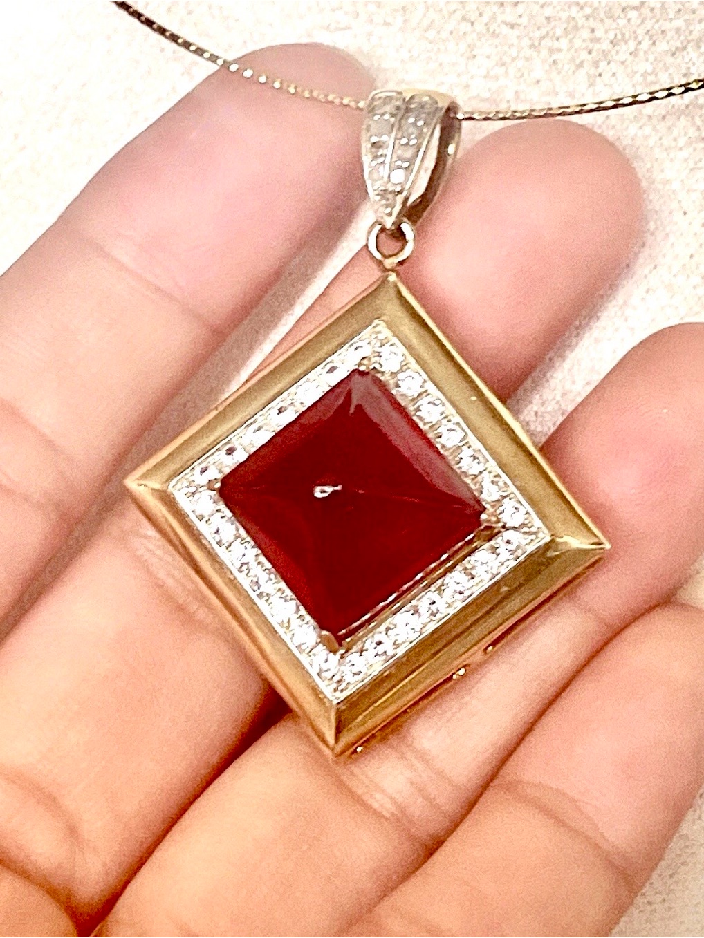 Gold Pendant Necklace With Genuine Ruby Sugarloaf Shape & White Zircon Halo